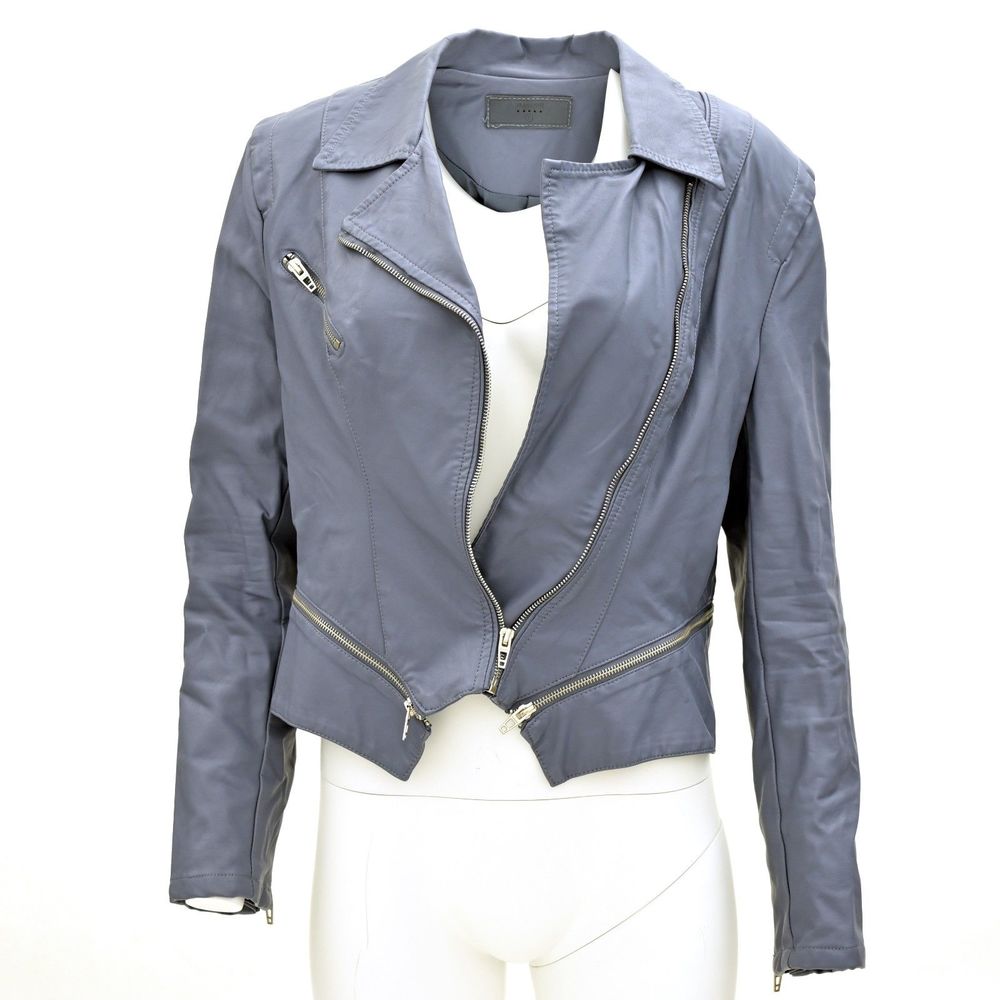 Blank NYC Womens Blue Gray Faux Leather Moto Jacket Size Large Fits Medium